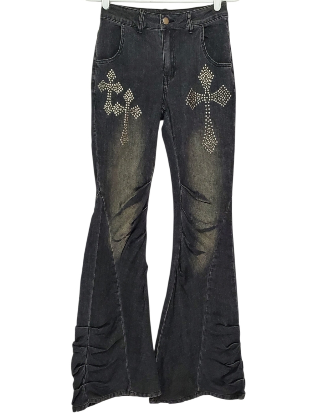 7655 * Romwe Flare Jeans Stud Cross Black Wash  Denim Size XS (2) Y2K Indpired